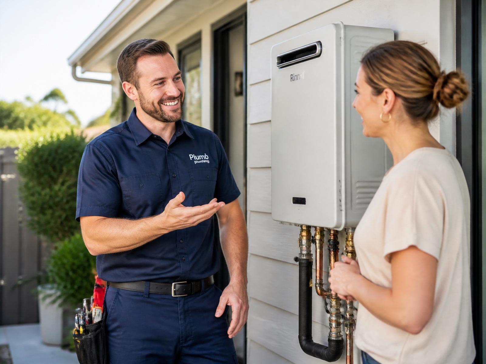Geelong hot water plumber talking with a homeowner beside a newly installed continuous flow unit