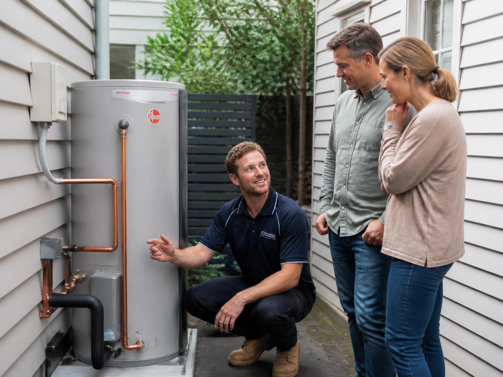 Geelong plumber explaining a newly installed hot water system to homeowners